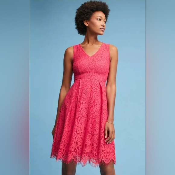 Anthropologie Dresses & Skirts - New Anthropologie Seen Worn Kept Elegant Pink Rose Lace V-neck Dress Size 4